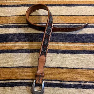 Vintage Beaded Belt Brown Leather 90s Western Retro Boho Indie 28 Silver Buckle